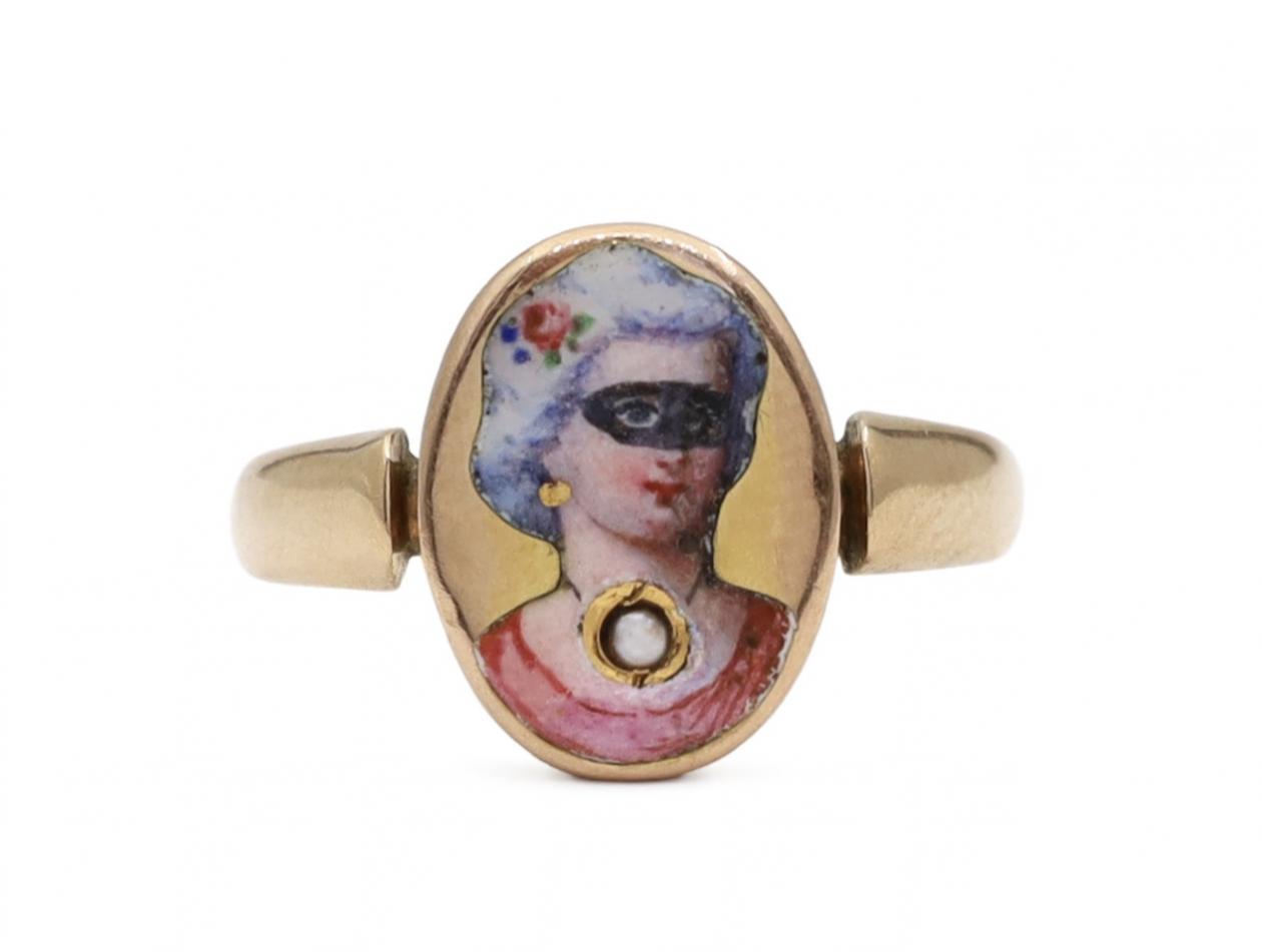 Antique enamelled portrait and pearl gold ring