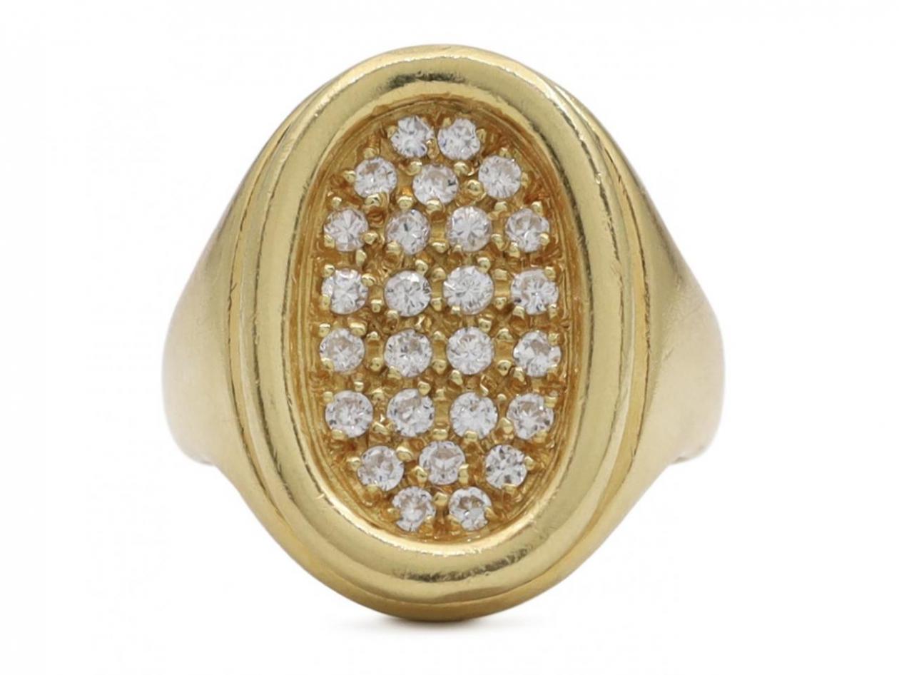 Vintage Italian diamond oval plaque ring in 18kt yellow gold