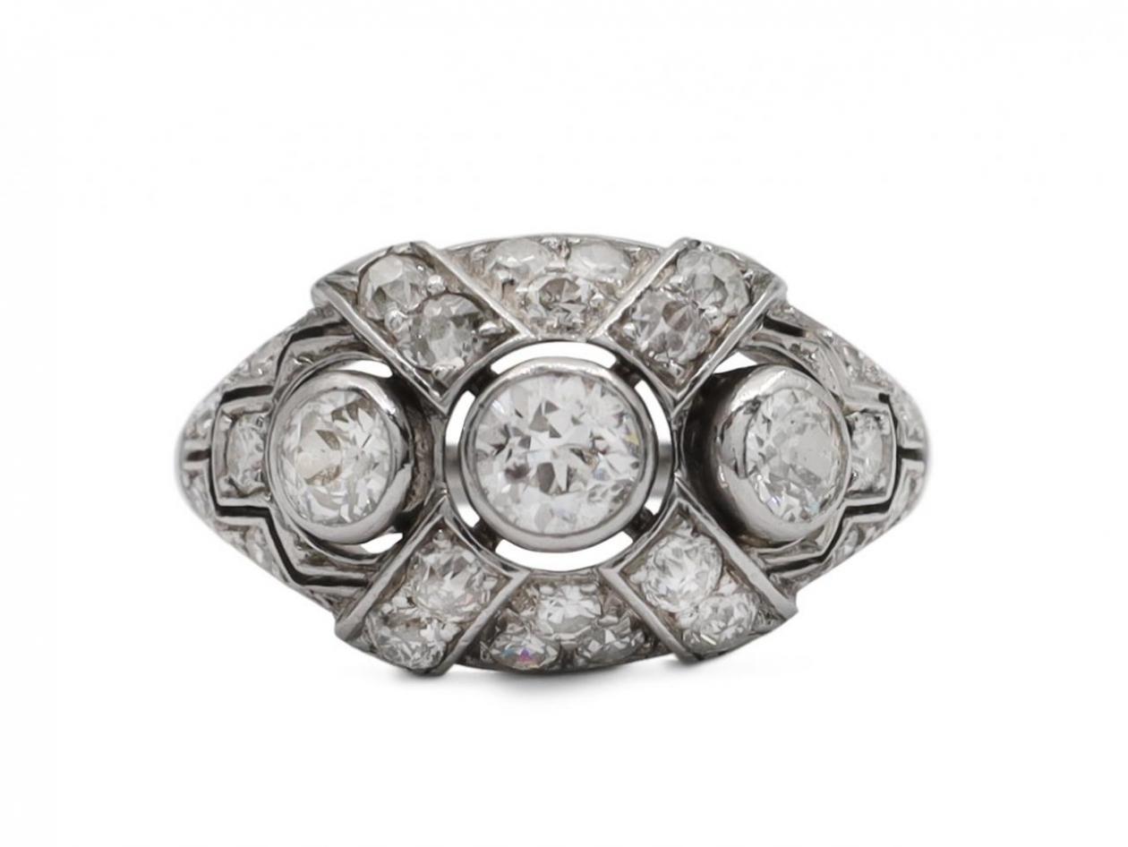 Art Deco style diamond three stone bombe cluster ring