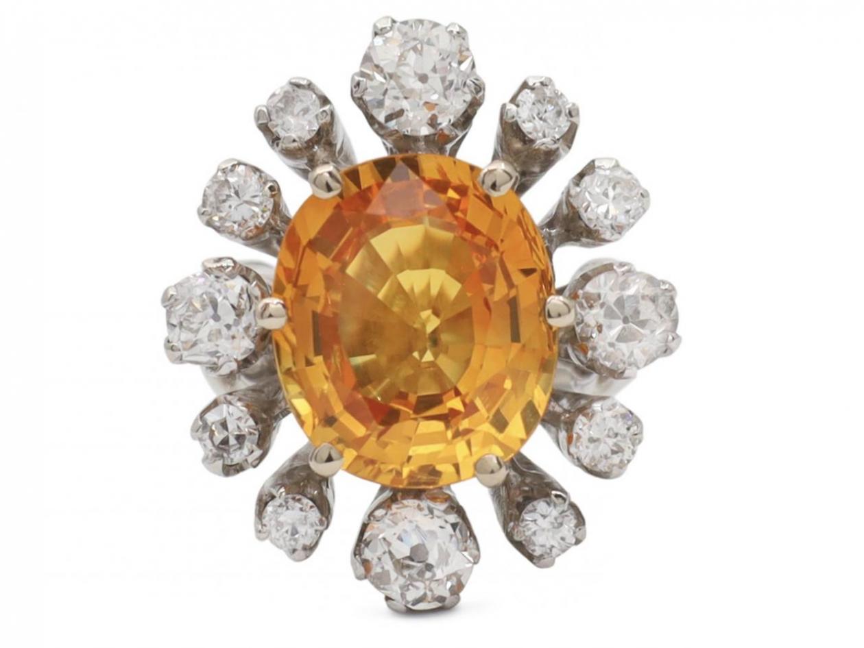 Modern 6.52ct fancy yellow sapphire and old cut diamond cluster ring