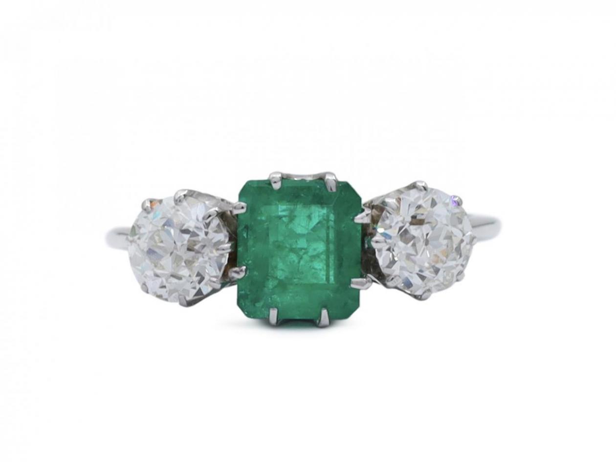 Edwardian Colombian emerald and diamond three stone ring