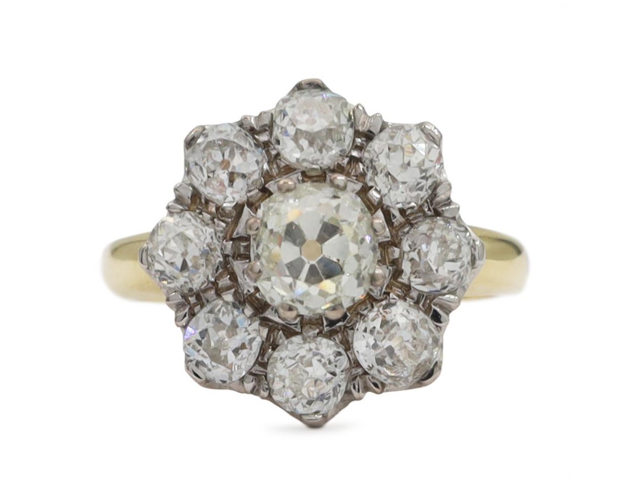 Vintage Old Mine cut diamond coronet cluster engagement ring