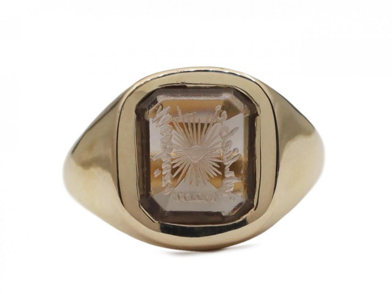 1960s 'I protect what I love' smokey quartz intaglio signet ring