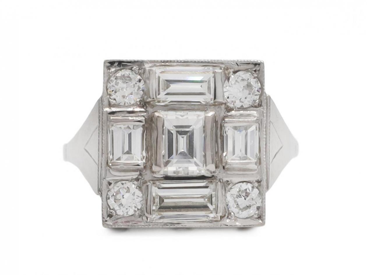 French Art Deco diamond square geometric cluster ring