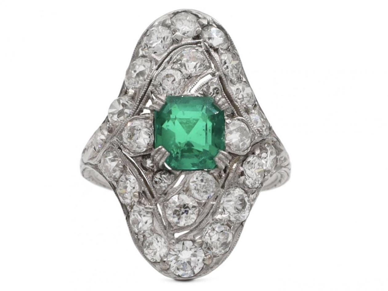 Art Deco emerald and diamond shield ring in platinum