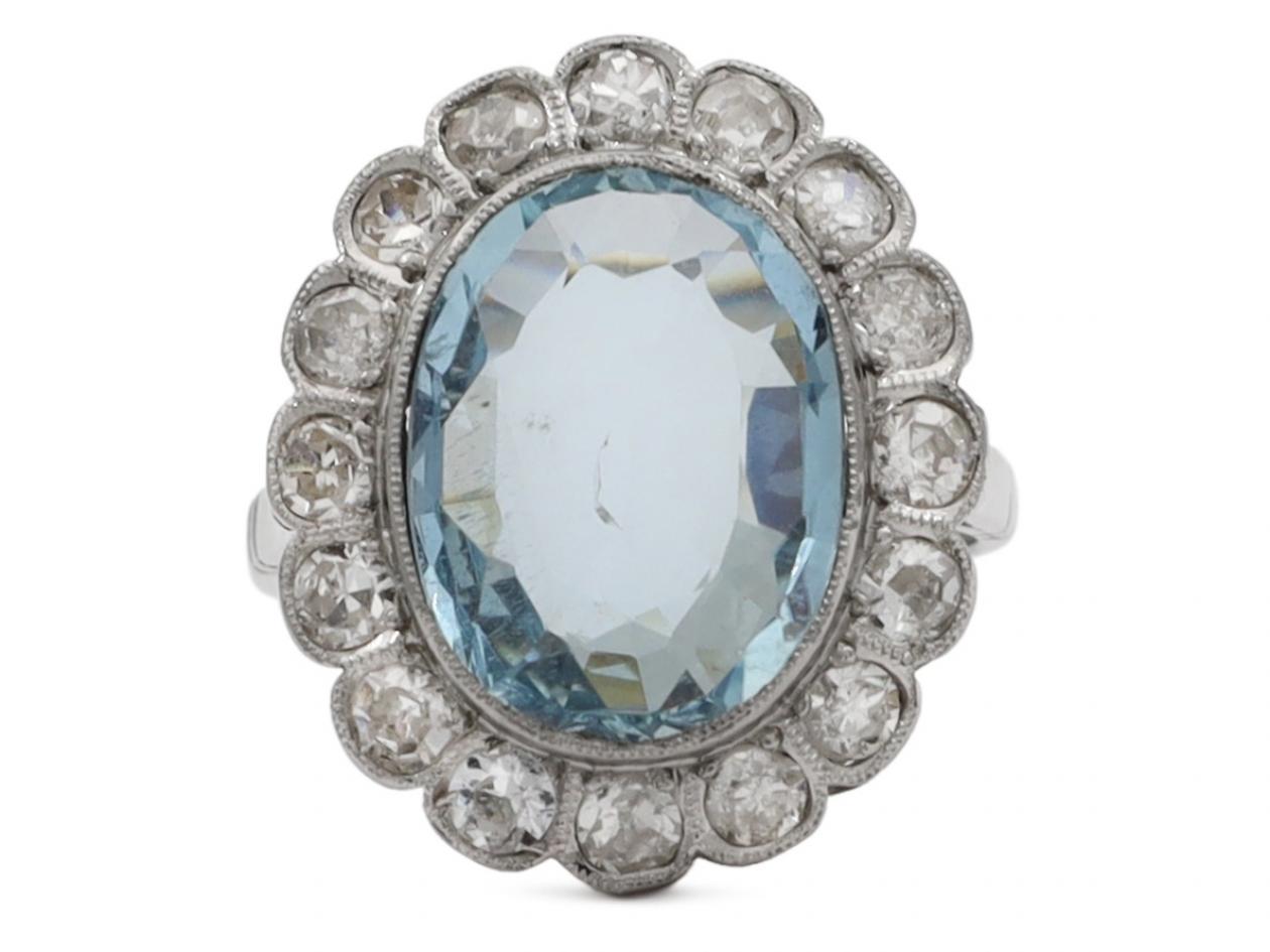 Vintage aquamarine and diamond floral cluster ring