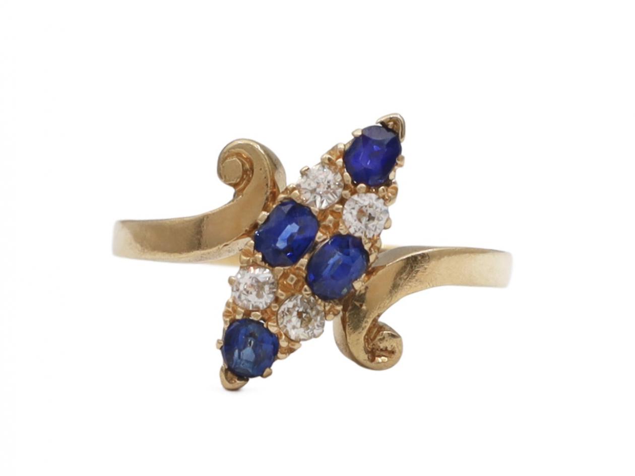 Edwardian sapphire and diamond diagonal navette cluster ring