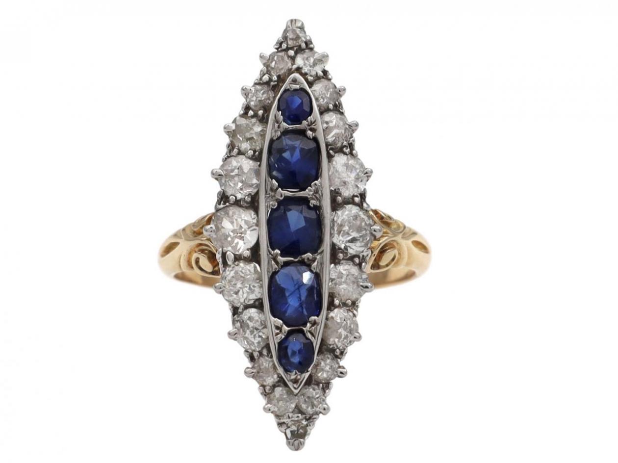 Edwardian marquise cluster ring set with sapphires and diamonds