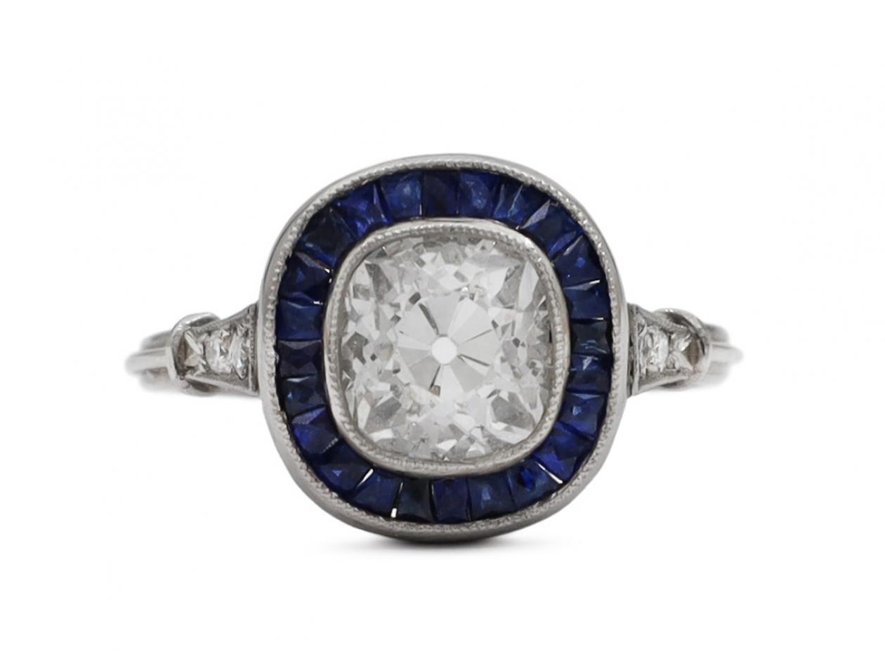 Art Deco style 1.32ct Old Mine diamond and sapphire target ring